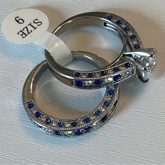 NEW Women’s Engagement & Wedding Band White & Sapphire Blue CZ 925 Size 9 - Picture 7 of 9